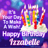A colorful birthday GIF for Izzabelle featuring a cupcake with vibrant lit candles and the text 'It's Your Day to Make a Wish! Happy Birthday Izzabelle' in bold letters on a festive purple background.