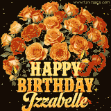 Animated bouquet of orange roses with moving butterfles and golden 'Happy Birthday Izzabelle' text, surrounded by sparkling accents and a dark backdrop for a luxurious feel.