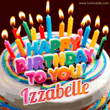 A colorful birthday cake topped with lit candles, with the words 'Happy Birthday Izzabelle' in bold glowing letters on a burgundy background. Animated flames add a festive touch.