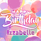 A vibrant name GIF featuring colorful balloons in shades of pink, orange, and yellow with the bold text 'Happy Birthday Izzabelle' in festive fonts, creating a lively birthday vibe.