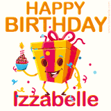 A vibrant and funny gift box character with a happy face dancing with a cupcake and the text 'Happy Birthday Izzabelle,' surrounded by animated confetti and party vibes.