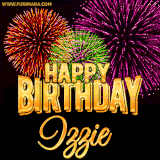 A golden 'Happy Birthday Izzie' message with vibrant fireworks in the background, creating a festive and celebratory vibe in this animated name GIF.