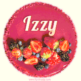 Beautifully decorated red velvet berry birthday cake with vibrant fruits and a glowing 'Izzy' name, adding a touch of sweetness and sparkle.