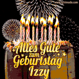 A chocolate birthday cake with glowing candles, the German text 'Alles Gute zum Geburtstag Izzy,' and vibrant fireworks lighting up the background in an animated GIF.