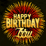 Golden 'Happy Birthday Izzy' text accompanied by animated rainbow fireworks for a festive animated greeting.