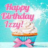 A festive cupcake with pink icing, a gingham bow, and a lit animated sparkler, paired with 'Happy Birthday Izzy!' in bright pink text.