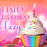 A vibrant birthday GIF featuring a rainbow-colored cupcake topped with white frosting, sprinkles, and a lit candle. The text reads 'Happy Birthday Izzy' in bold pink and violet letters with white outline.