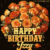Animated bouquet of orange roses with moving butterfles and golden 'Happy Birthday Izzy' text, surrounded by sparkling accents and a dark backdrop for a luxurious feel.