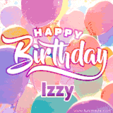 A vibrant name GIF featuring colorful balloons in shades of pink, orange, and yellow with the bold text 'Happy Birthday Izzy' in festive fonts, creating a lively birthday vibe.