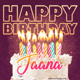 A colorful birthday cake topped with lit candles, with the words 'Happy Birthday Jaana' in bold glowing letters on a burgundy background. Animated flames add a festive touch.