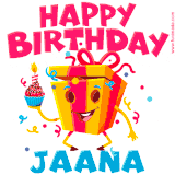 A vibrant and funny gift box character with a happy face dancing with a cupcake and the text 'Happy Birthday Jaana,' surrounded by animated confetti and party vibes.
