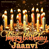 A glowing personalized birthday GIF with name Jaanvi featuring lit candles with intricate designs, warm lighting, and the text 'Happy Birthday' in an elegant font.