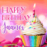 A vibrant birthday GIF featuring a rainbow-colored cupcake topped with white frosting, sprinkles, and a lit candle. The text reads 'Happy Birthday Jaanvi' in bold pink and violet letters with white outline.