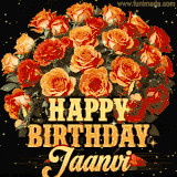 Animated bouquet of orange roses with moving butterfles and golden 'Happy Birthday Jaanvi' text, surrounded by sparkling accents and a dark backdrop for a luxurious feel.