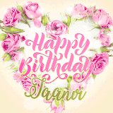 A stunning heart made of pink roses surrounds the elegant script text 'Happy Birthday Jaanvi' on a soft beige background. Animated sparkles add a magical and festive feel.