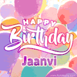 A vibrant name GIF featuring colorful balloons in shades of pink, orange, and yellow with the bold text 'Happy Birthday Jaanvi' in festive fonts, creating a lively birthday vibe.