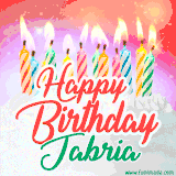 Bright birthday candles with rainbow flames on a cake, alongside the text 'Happy Birthday Jabria' in vibrant script in this celebratory animated GIF.