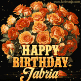 Animated bouquet of orange roses with moving butterfles and golden 'Happy Birthday Jabria' text, surrounded by sparkling accents and a dark backdrop for a luxurious feel.