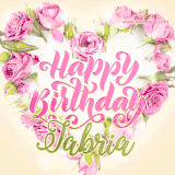 A stunning heart made of pink roses surrounds the elegant script text 'Happy Birthday Jabria' on a soft beige background. Animated sparkles add a magical and festive feel.