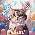 Happy birthday gif for Jacari with cat and cake