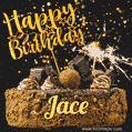 Celebrate Jace's birthday with a GIF featuring chocolate cake, a lit sparkler, and golden stars