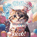 Happy birthday gif for Jacob with cat and cake