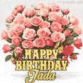 Birthday wishes to Jada with a charming GIF featuring pink roses, butterflies and golden quote
