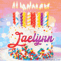 Personalized for Jaelynn elegant birthday cake adorned with rainbow sprinkles, colorful candles and glitter