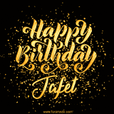 Animated GIF with colorful, festive 'Happy Birthday Jafet' text decorated with patterns, a party hat, and falling confetti. A vibrant and cheerful design for birthday celebrations.