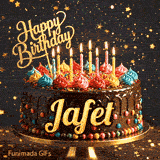 Shimmering gold star particles and bokeh lights surrounding a chocolate birthday cake custom-made for Jafet.