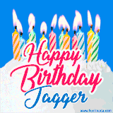 A cheerful animated GIF featuring colorful lit birthday candles on a white cake, with the text 'Happy Birthday Jagger' in bold red and blue script on a bright blue background.
