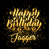 Animated GIF with colorful, festive 'Happy Birthday Jagger' text decorated with patterns, a party hat, and falling confetti. A vibrant and cheerful design for birthday celebrations.
