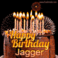 A rich chocolate cake topped with glowing birthday candles and surrounded by bright fireworks. The animated GIF displays the message 'Happy Birthday Jagger' in golden text.