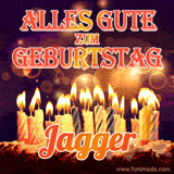 An animated GIF featuring 'Alles Gute Zum Geburtstag Jagger' in glowing red and gold letters above a cake with colorful lit candles, set against a festive sparkling background.