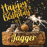 Animated GIF featuring the text 'Happy Birthday Jagger' written in glittering gold above the luxurious chocolate birthday cake adorned with truffles, gold stars, and sparklers.