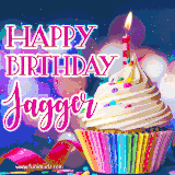 A festive animated GIF featuring a colorful cupcake with a single lit candle, sprinkles, and 'Happy Birthday Jagger' text against a sparkling, celebratory background.