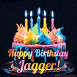 A vibrant animated GIF featuring a colorful rotating birthday cake with bright frosting swirls, glowing candles, and the text 'Happy Birthday Jagger!' in rainbow colors.