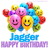 An animated birthday-themed name GIF with colorful smiling balloons and bold 'Jagger, Happy Birthday!' text for a celebratory touch.