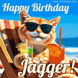 A cheerful cat wearing sunglasses, enjoying drinks on a sunny beach chair, with the text 'Happy Birthday Jagger!' in bright letters.