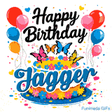 Colorful confetti and hearts floating around a white glazed cake with the name Jagger written on the front.