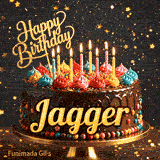 Gourmet chocolate cake on a pedestal with glowing candles and colorful whipped frosting, custom-made for Jagger.