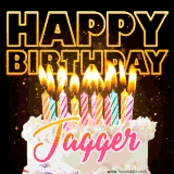 A vibrant animated GIF featuring a delicious birthday cake topped with glowing candles and the name 'Jagger' in elegant script, and the words 'Happy Birthday' on the black background.