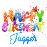 Animated GIF with colorful, festive 'Happy Birthday Jagger' text decorated with patterns, a party hat, and falling confetti. A vibrant and cheerful design for birthday celebrations.