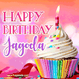 A vibrant birthday GIF featuring a rainbow-colored cupcake topped with white frosting, sprinkles, and a lit candle. The text reads 'Happy Birthday Jagoda' in bold pink and violet letters with white outline.