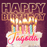 A colorful birthday cake topped with lit candles, with the words 'Happy Birthday Jagoda' in bold glowing letters on a burgundy background. Animated flames add a festive touch.