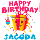 A vibrant and funny gift box character with a happy face dancing with a cupcake and the text 'Happy Birthday Jagoda,' surrounded by animated confetti and party vibes.
