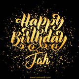 Animated GIF with colorful, festive 'Happy Birthday Jah' text decorated with patterns, a party hat, and falling confetti. A vibrant and cheerful design for birthday celebrations.