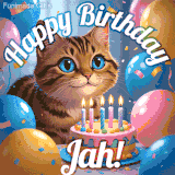 A playful tabby cat sits behind a colorful birthday cake surrounded by balloons and confetti, with 'Happy Birthday Jah!' written above in festive letters.