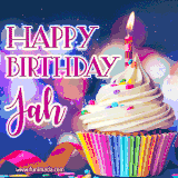 A festive animated GIF featuring a colorful cupcake with a single lit candle, sprinkles, and 'Happy Birthday Jah' text against a sparkling, celebratory background.