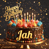 Cute chocolate cake animation with Jah's name, decorated with glowing birthday candles and multicolored icing.